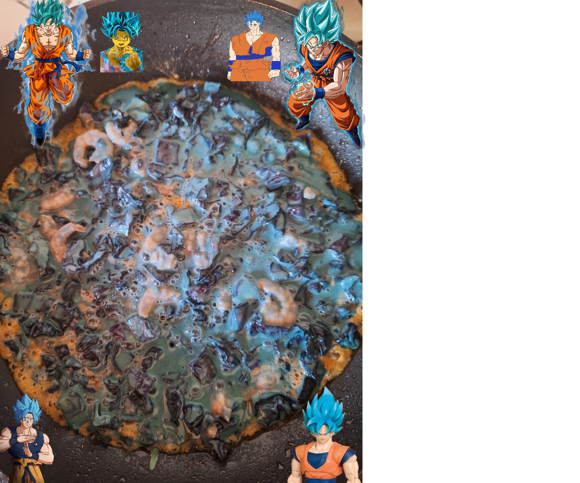 Evolution of Okonomiyaki. Live cook blue cabbage with chili prawn with me.