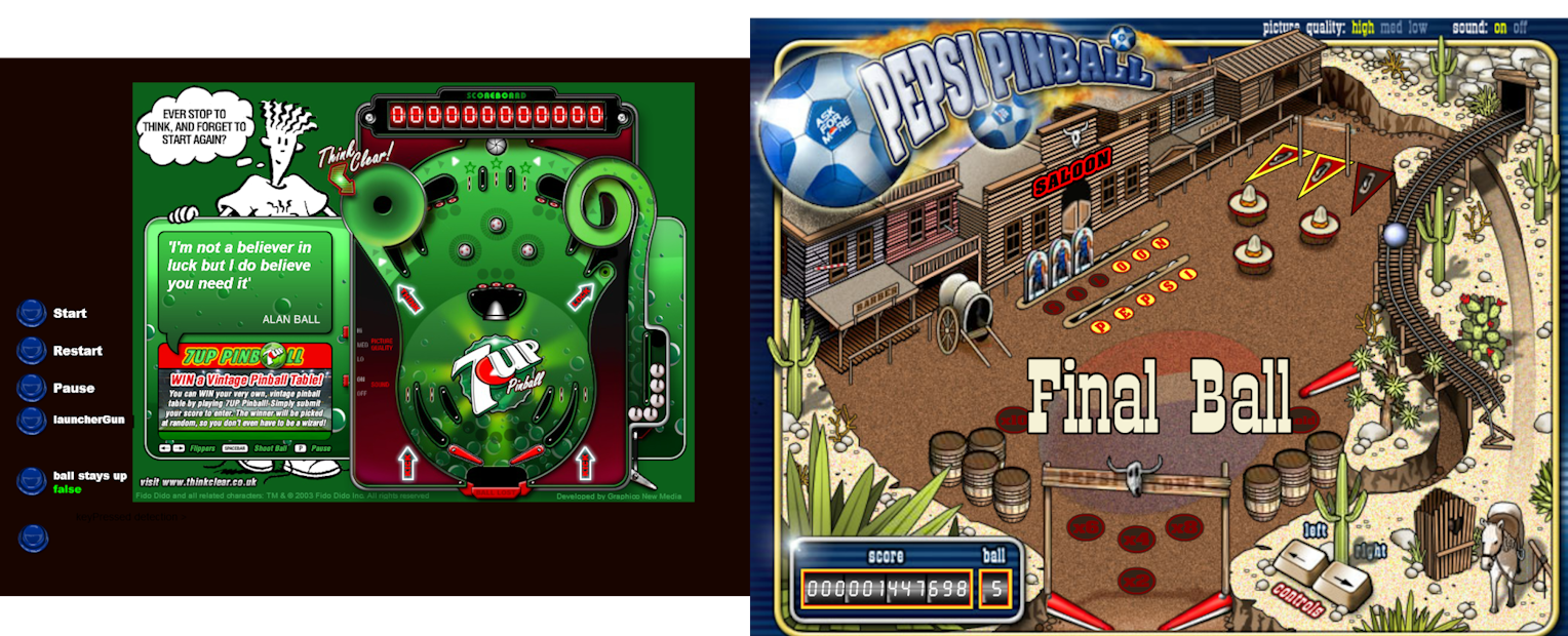 i prefer 7up pinball over pepsi pinball because although pepsi pinball has greater presentation and fun animations, pepsi pinball is just too in my face, they organize the gameplay into rounds and have little bonus games, but all of their ambition lead to a worse pinball experience, i simply think it does not feel as good as 7up pinball, the distance between the flippers is far too wide on pepsi pinball and the ball often falls through the center without a chance to save it, poor bounce, and the aspect made it difficult to follow the ball, 7up pinball is more readable and its less confined to specific rounds and levels and is a lot more relaxing, i prefer the slowly changing quotes and the carefree attitude of fido dido then what pepsi pinball had to offer