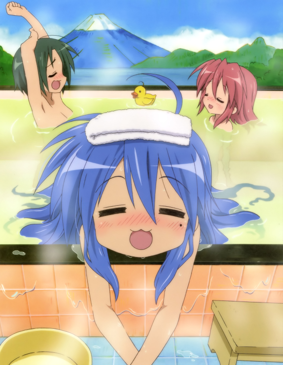 As Konata soaks peacefully with her cousins in the mineral-rich water, a vast quantity of thermal energy is continuously transferred across her small frame, improving blood circulation, promoting muscle relaxation, and gradually easing accumulated tension throughout her body.